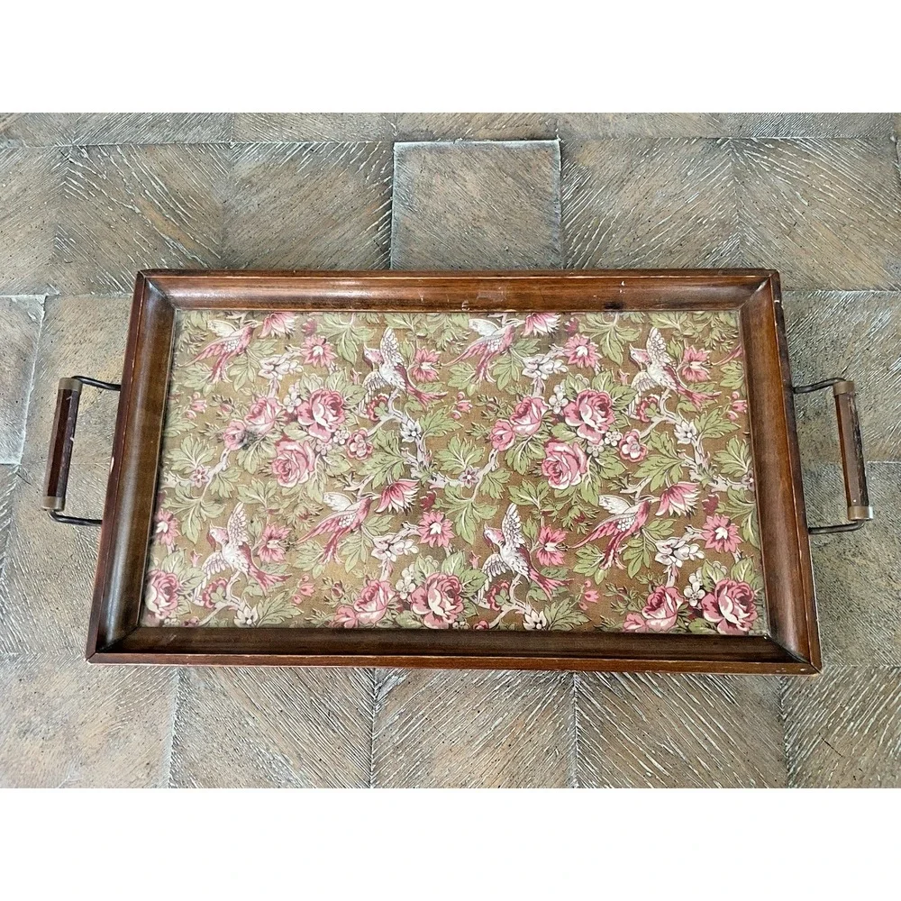 Antique Wood Framed Floral Bird  Tapestry Fabric Under Glass Handled Tray 10x19